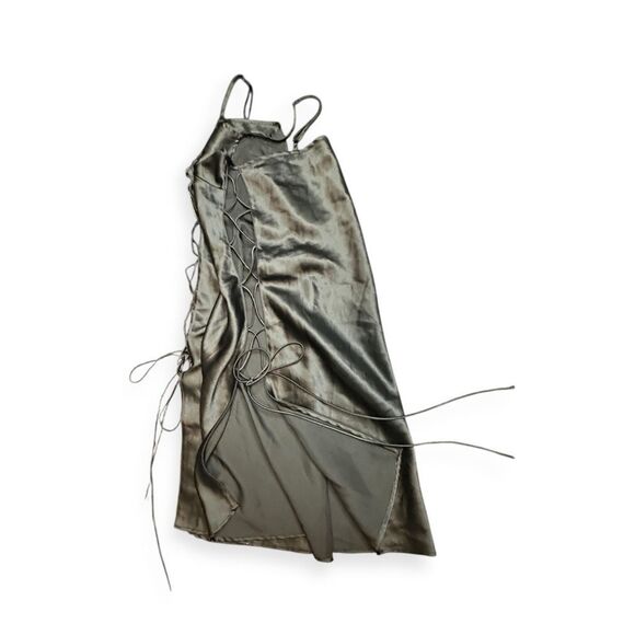 VICTORIA’S SECRET Women’s Gray Green Satin Lace-Up Slip Dress Size Small - Picture 4 of 5